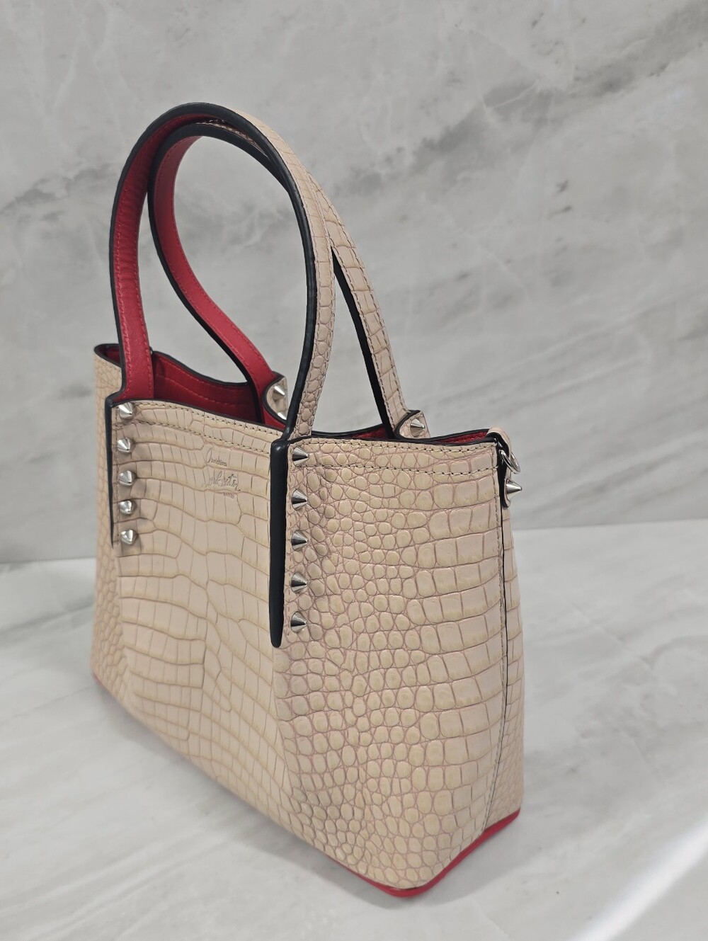 Christian Louboutin Cabarock Beige Croc-Embossed Tote with Red Trim - NWOT - Picture 2 of 10